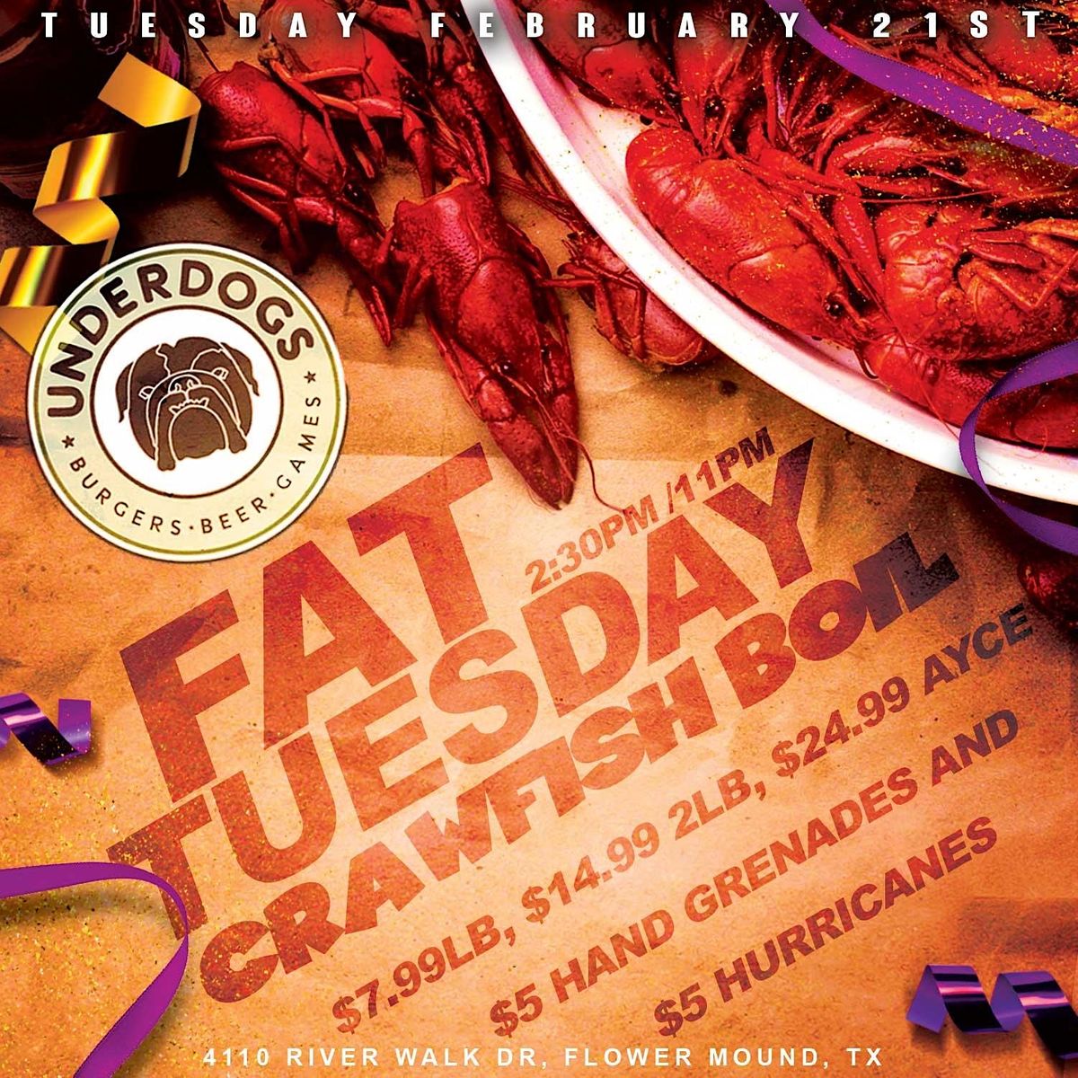 Fat Tuesday Crawfish Boil, 4110 River Walk Dr, Flower Mound, 21