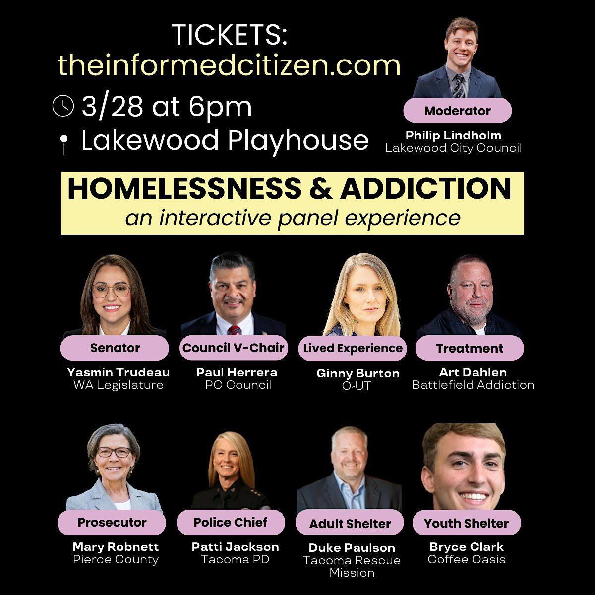 Informed Citizen Live! An Interactive Panel on Homelessness & Addiction, 28 March | Event in Lakewood