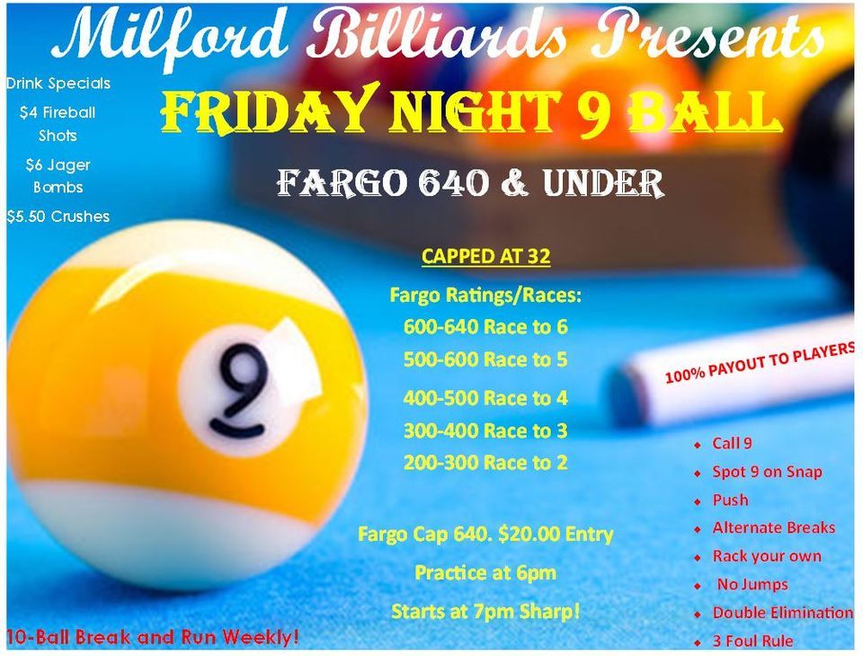 Friday Night 9Ball starts 7PM, Milford Billiards, September 22 2023