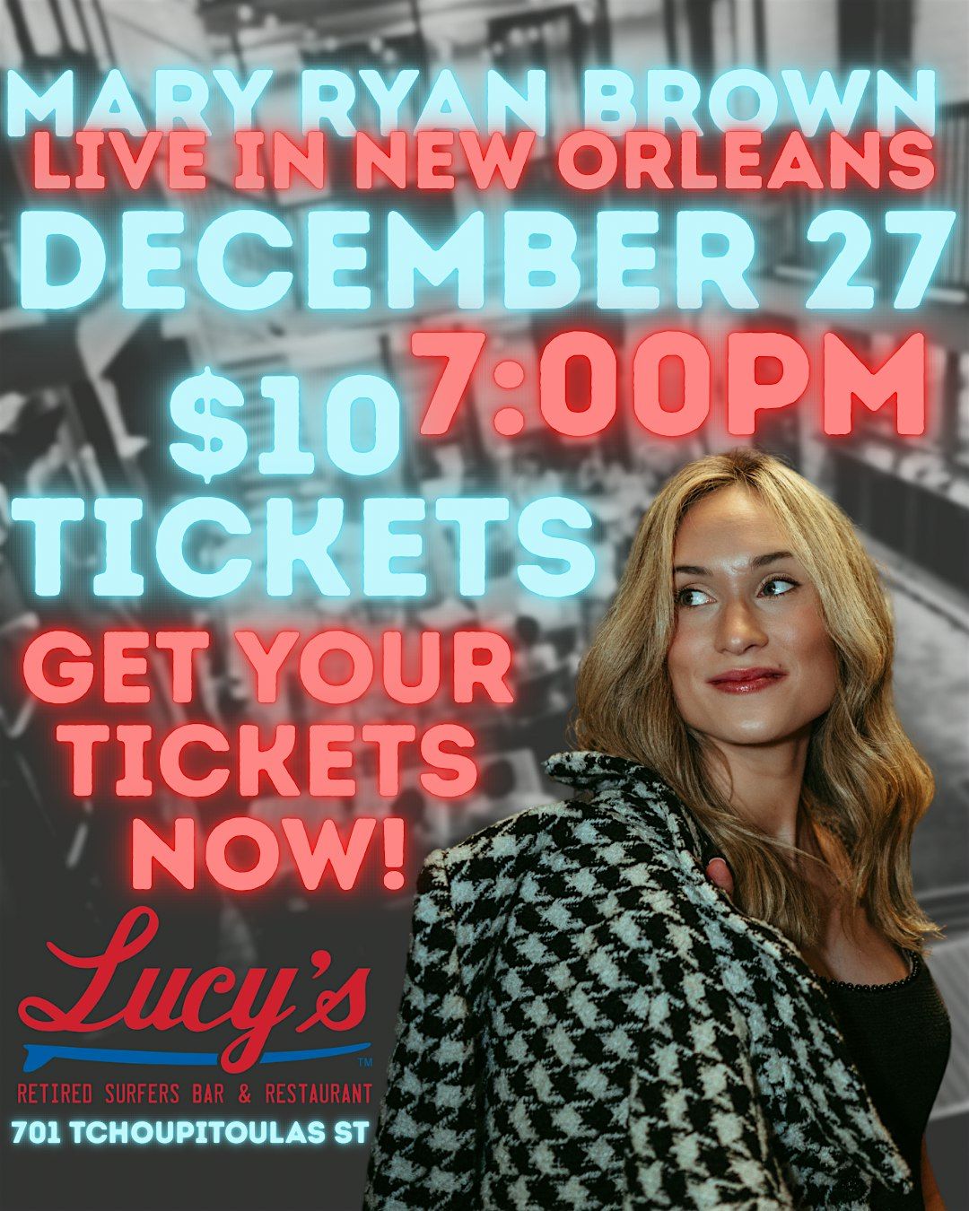 Mary Ryan Brown Live ! At Lucy’s Retired Surfers Bar and Restaurant, 27 December | Event in New Orleans