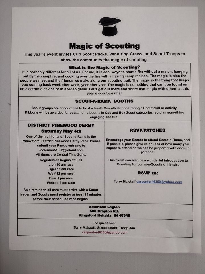 Potawatomi District Pinewood Derby & ScoutaRama, American Legion