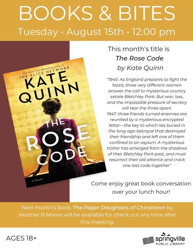 Books & Bites The Rose Code, Springville Library, August 15 2023