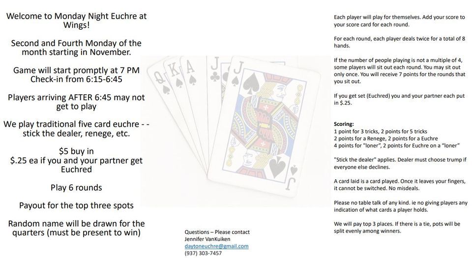 Euchre Night Every 2nd and 4th Monday Each Month at Wings Beavercreek
