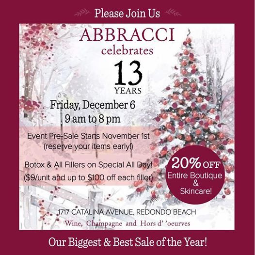 Abbracci Med Spa 13th Anniversary Party Abbracci Med Spa Boutique Redondo Beach 6 December Christmas Holiday Events 2021 Redondo Beach