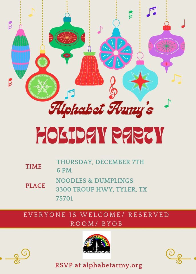 Alphabet Armys Holiday Party, Noodles & DumplingsTyler, December 7 2023 AllEvents.in