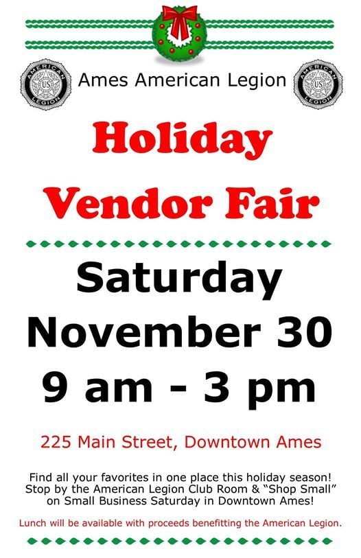 Ames American Legion Holiday Vendor Fair November 30, American Legion