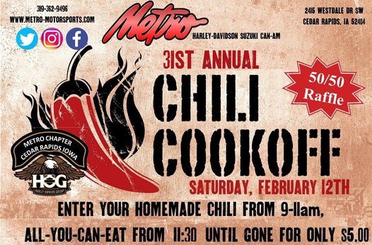 Chilis Christmas Eve Hours 2022 Davenport Ia 31St Annual Chili Cookoff, Metro Harley-Davidson Suzuki Can-Am, Cedar  Rapids, February 12 2022 | Allevents.in