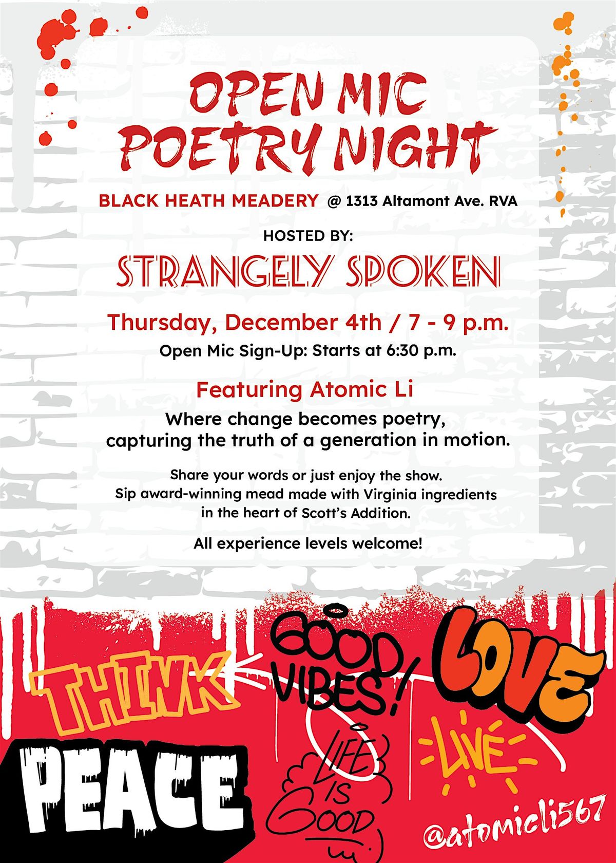 Strangely Spoken: A Night of Open Mic Poetry featuring Atomic Li, 4 December | Event in Richmond | AllEvents