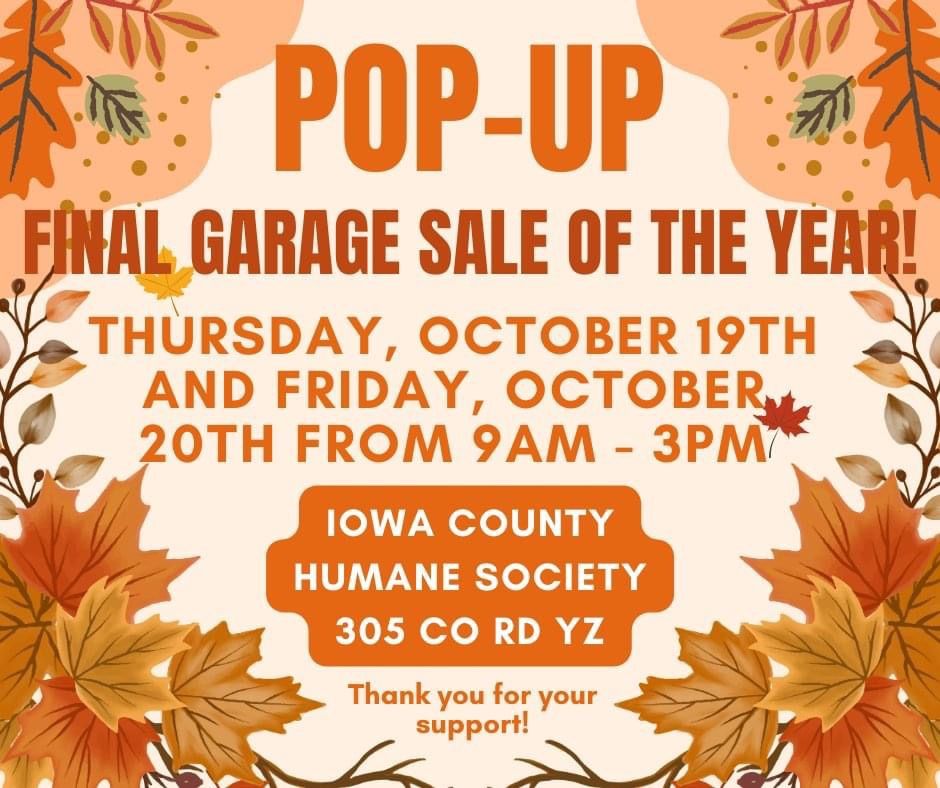 Annual Fall Garage Sale, Iowa County Humane Society, Dodgeville