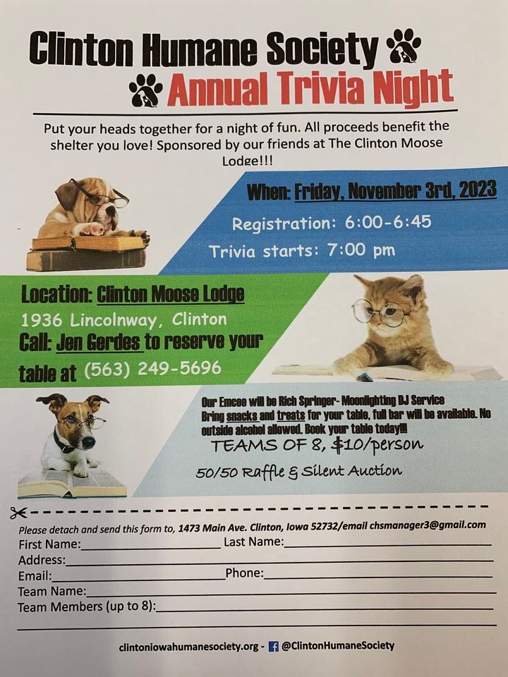 CLINTON HUMANE SOCIETY ANNUAL TRIVIA NIGHT, Clinton IA Moose Family
