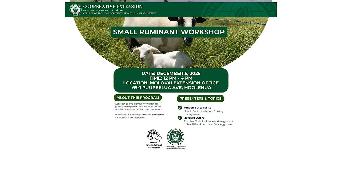 Small Ruminant Health, Parasite Management, Grazing Management & First Aid, 5 December | Event in Kaunakakai