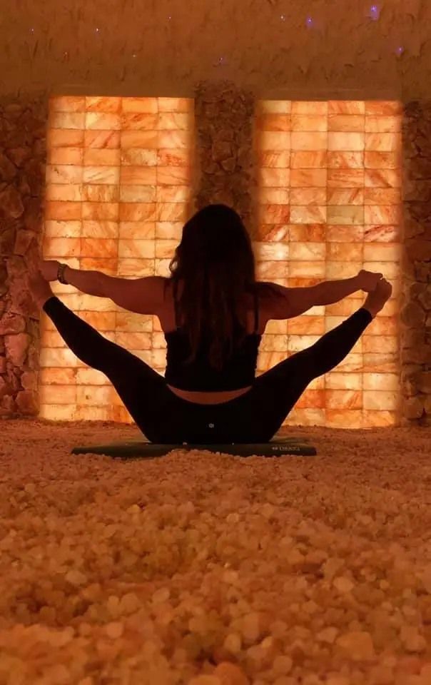 Yin Yoga In A Salt Cave At Room & Pillar With A Sound Bowl & Magical