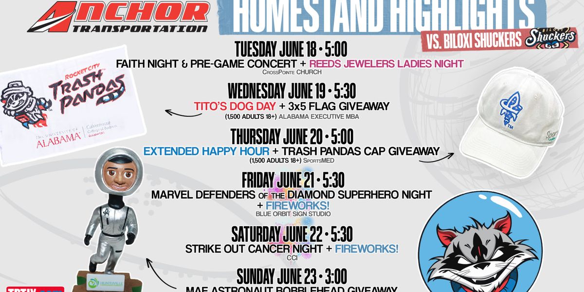 Biloxi Shuckers at Rocket City Trash Pandas at Toyota Field - AL, 27 May | Event in Madison | AllEvents