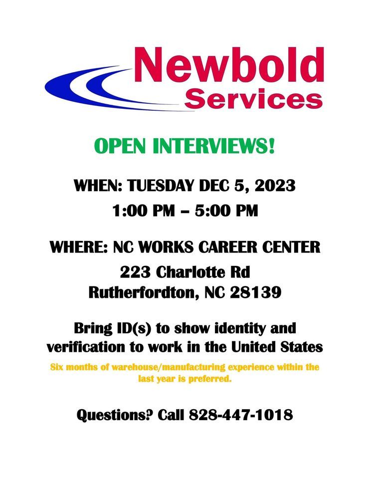 Open Interviews, 223 Charlotte Rd Rutherfordton, NC 28139, December 5 2023 AllEvents.in