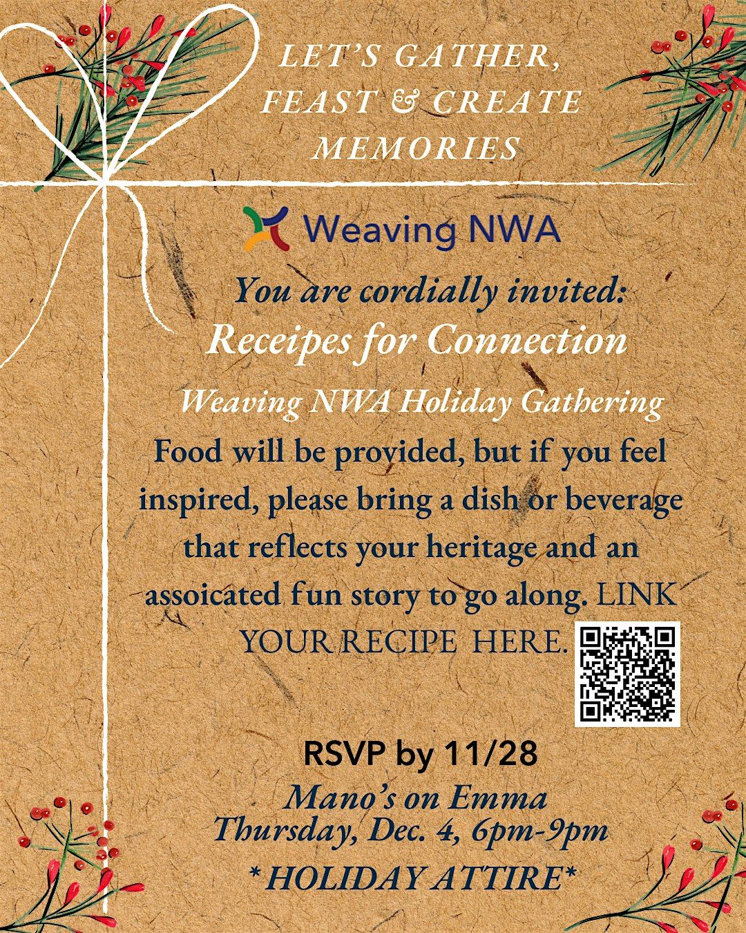 Weaving NWA Presents: Recipes for Connection- A Holiday Gathering, 4 December | Event in Springdale | AllEvents