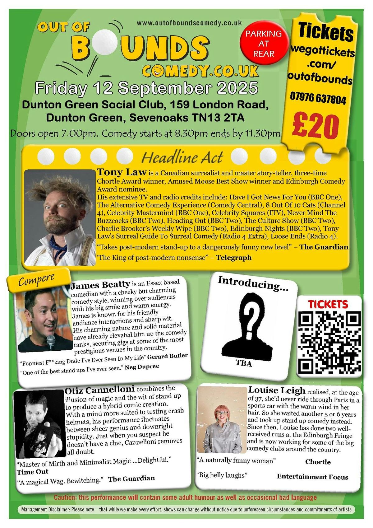 Out of Bounds Comedy Club Sevenoaks with Tony Law + MORE, 12 September | Event in Sevenoaks | AllEvents