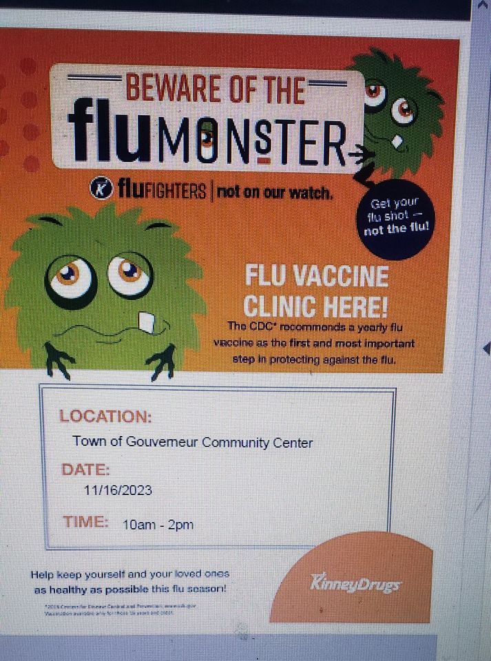 FLU VACCINE CLINIC, Gouverneur Community Center, November 16 2023