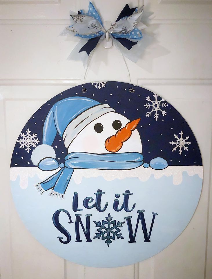 Paint and Sip! Round wood let it snow door hanger., Parties on Purpose