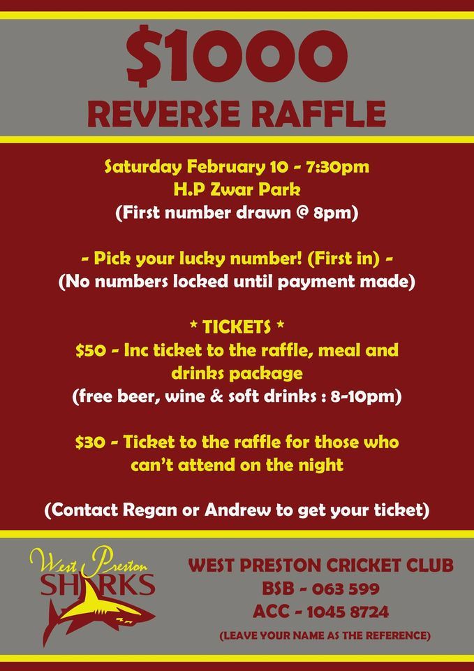 $1000 Reverse Raffle, Zwar Park, Preston, February 10 2024 | AllEvents.in