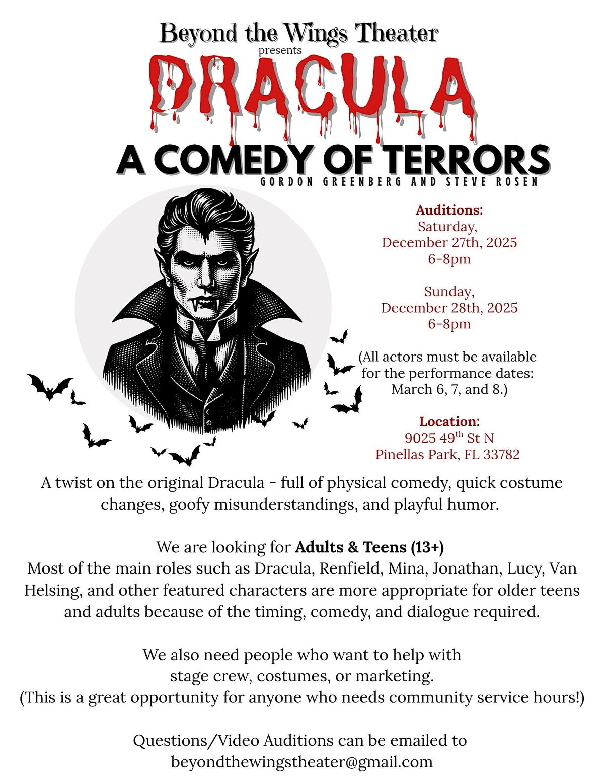 Auditions: Dracula - Comedy of Terrors, 27 December | Event in Pinellas Park | AllEvents