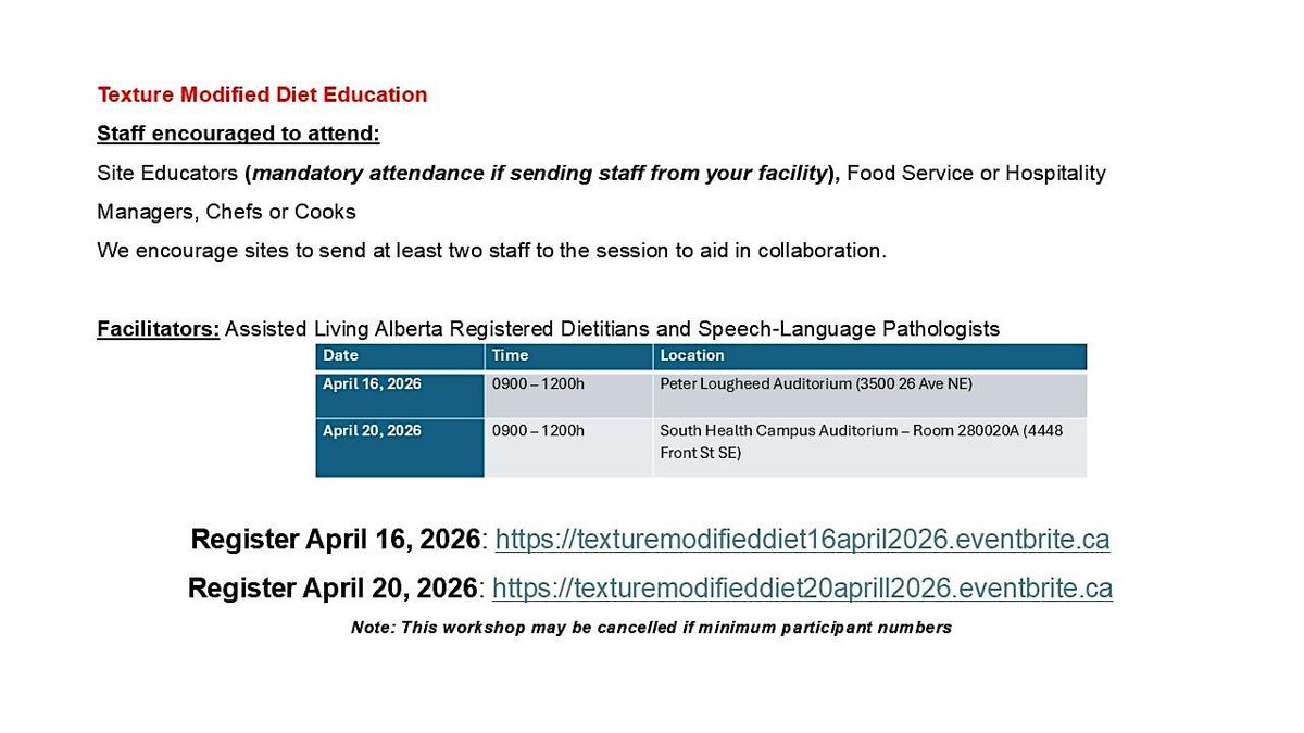 ISFL Texture Modified Diet Education, South Health Campus Auditorium A ...