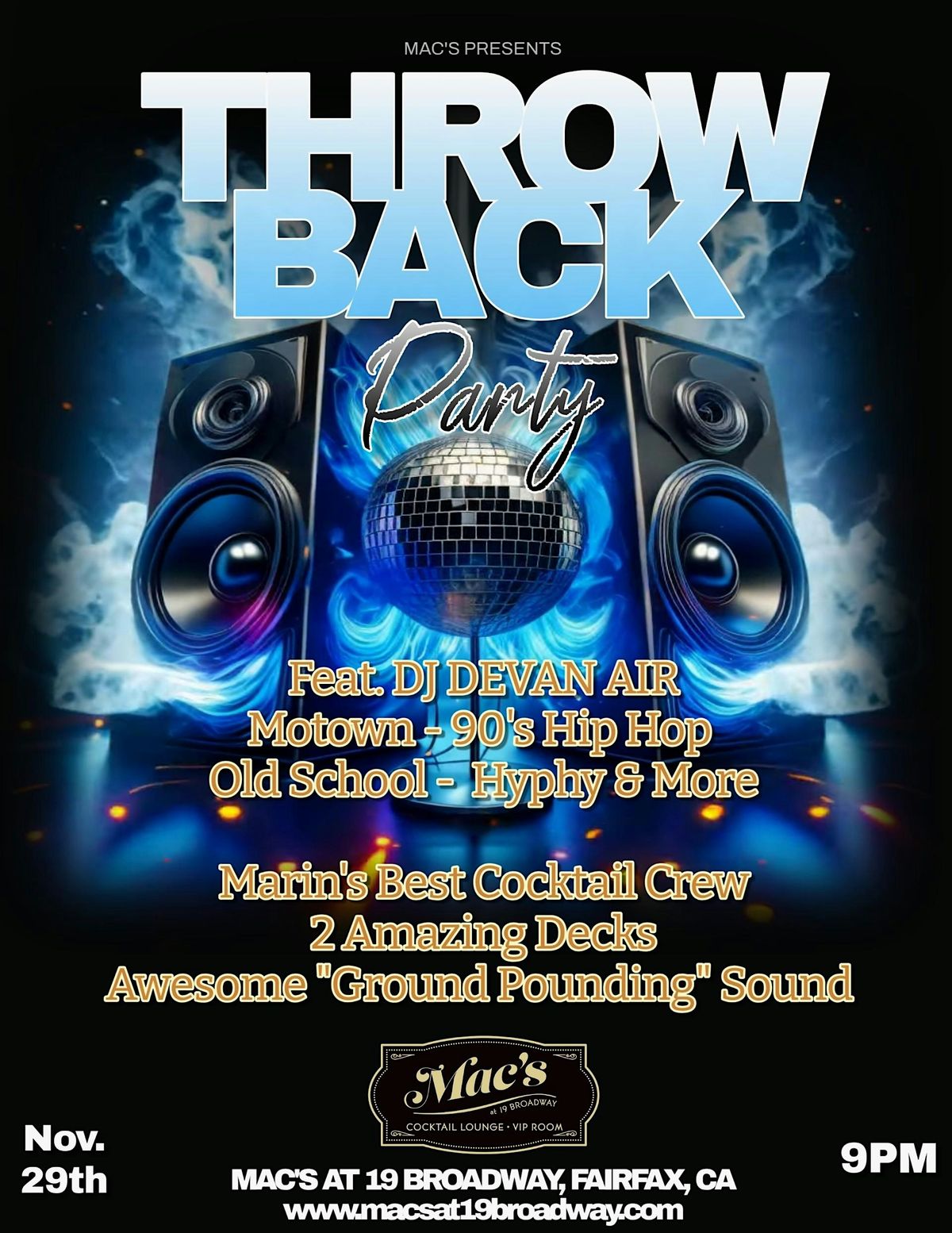 THROWBACK PARTY at Mac’s – Feat. DJ Devan Air, 29 November | Event in Fairfax | AllEvents