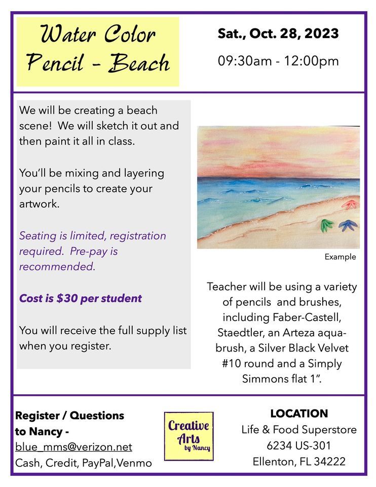 Watercolor Pencil Beach scene, Life&Food Superstore Ellenton