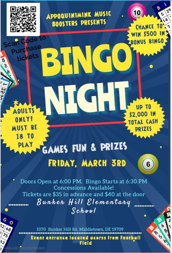 Appoquinimink Music Boosters Bingo Night!, Bunker Hill Elementary School, Middletown, 3 March