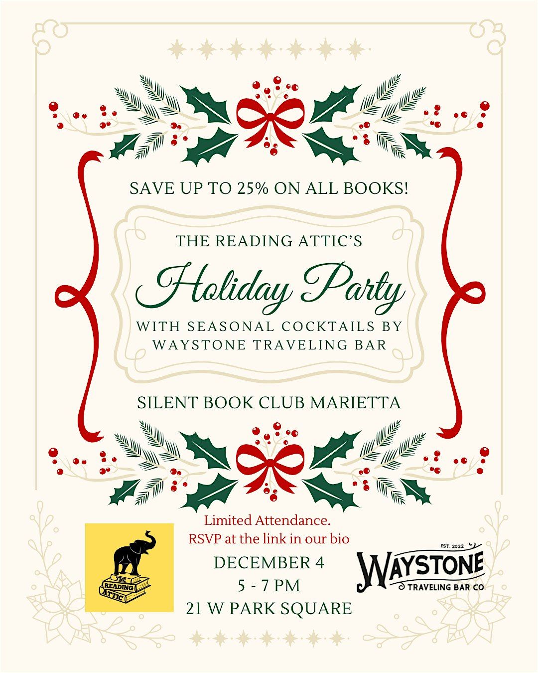 SBC Marietta Holiday Party at The Reading Attic with Waystone Traveling Bar, 4 December | Event in Marietta