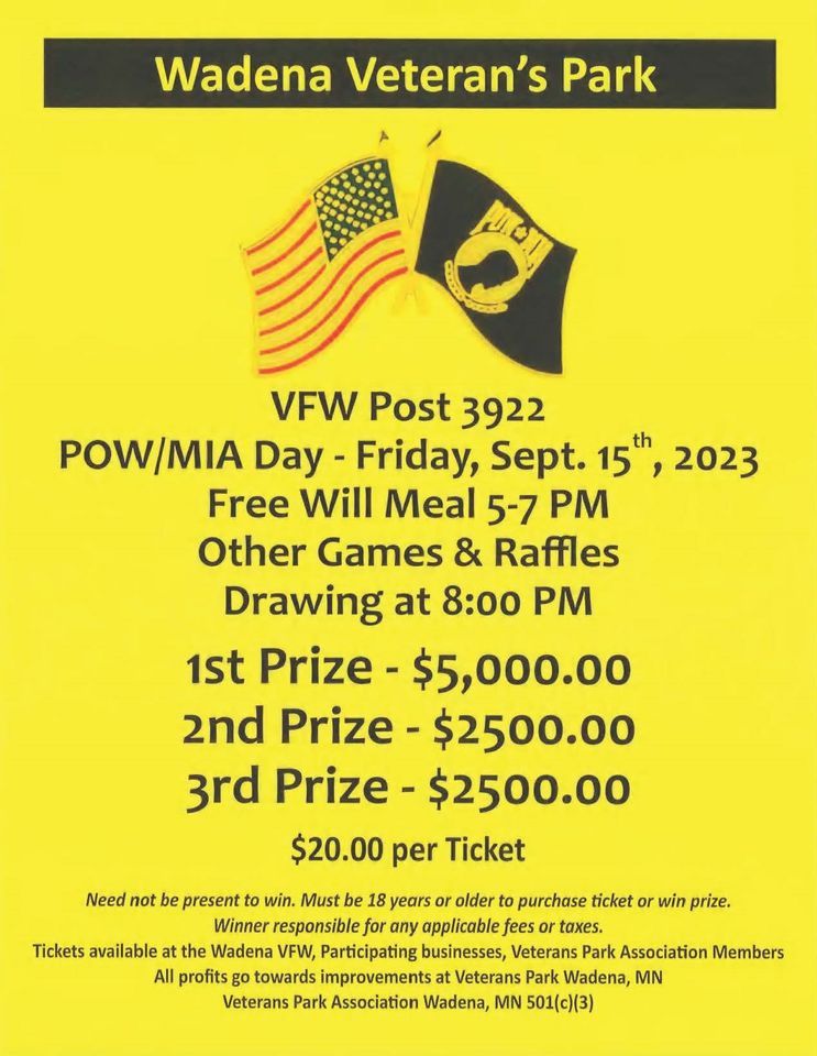 Wadena Veterans Park 2023 Raffle & Fundraiser, Wadena VFW, September 15