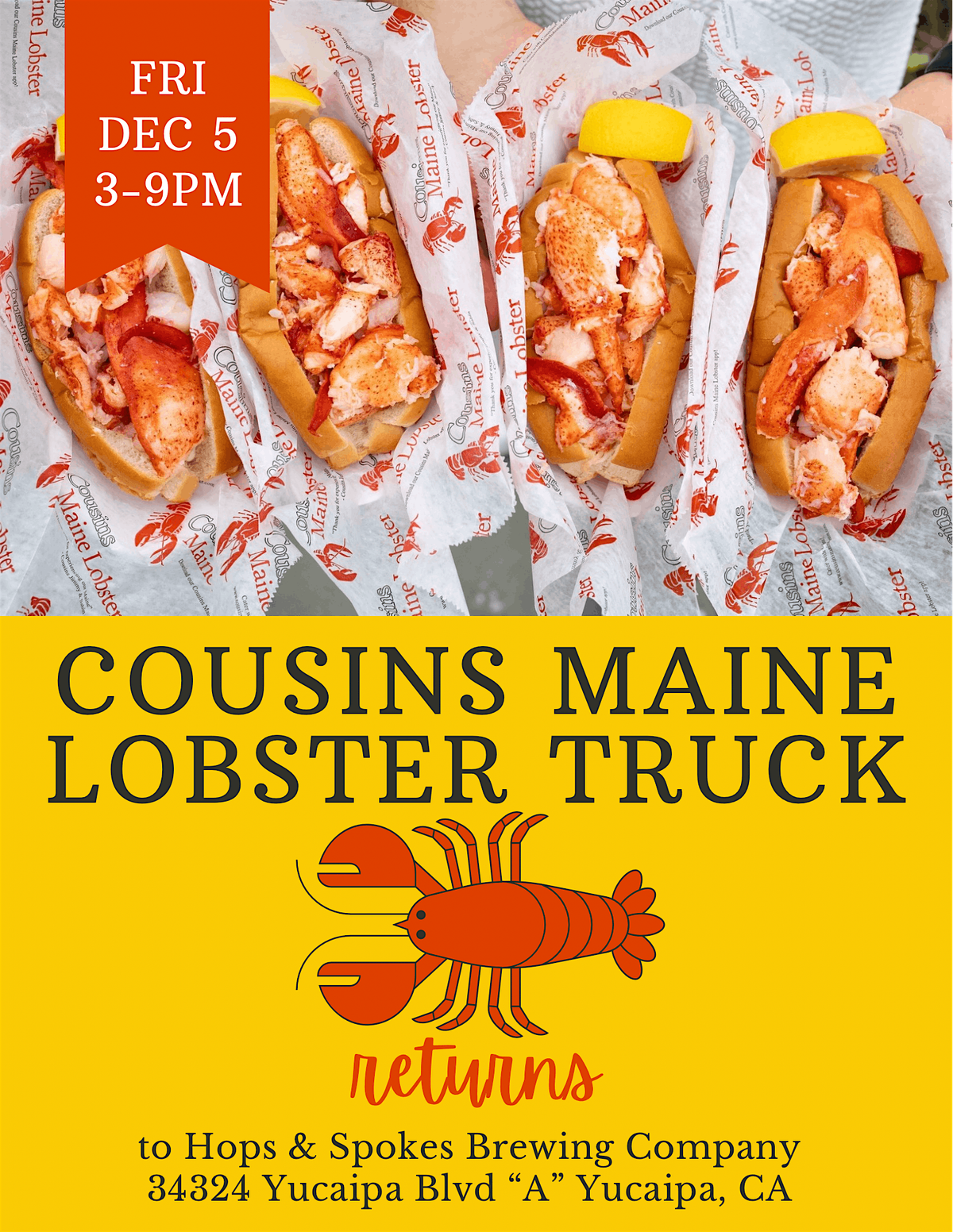 Cousins Maine Lobster at Hops and Spokes Brewing Co, 5 December | Event in Yucaipa | AllEvents