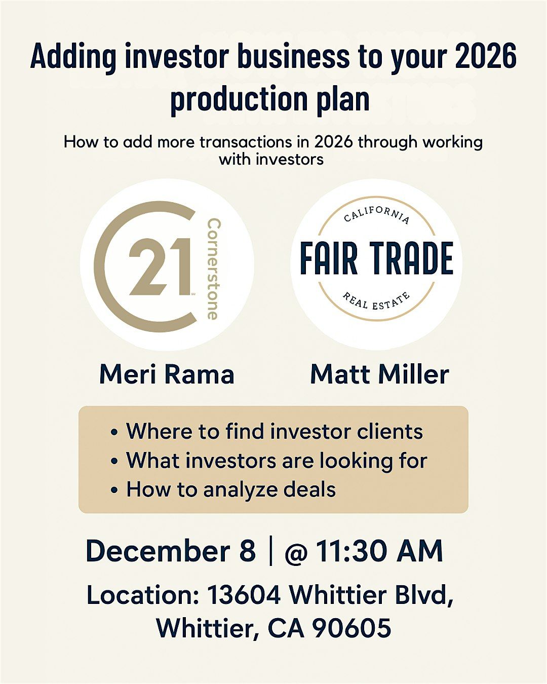 Adding investor business to your 2026 production plan!, 8 December | Event in Whittier | AllEvents