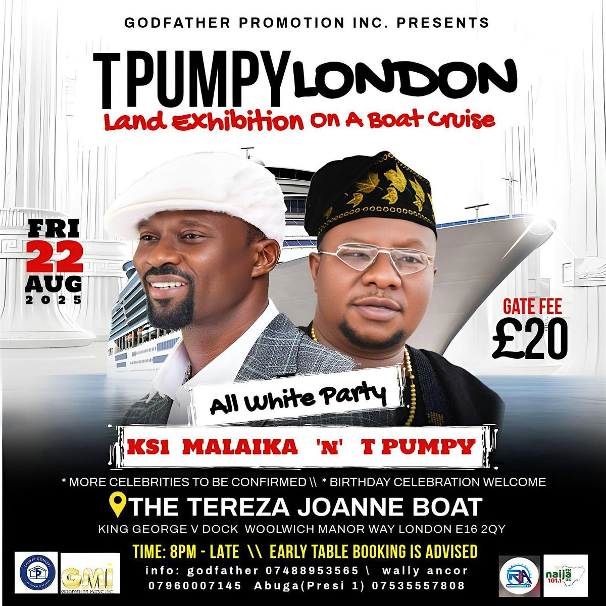 KS1 Malaika Tpumpy London  Land Exhibition on a Boat Cruise  All White Part, 22 August | Event in London | AllEvents