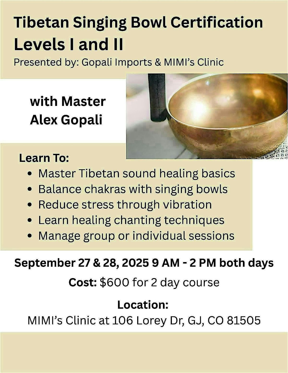 Tibetan Singing Bowl Certification - 2 Days, 27 September | Event in Grand Junction | AllEvents
