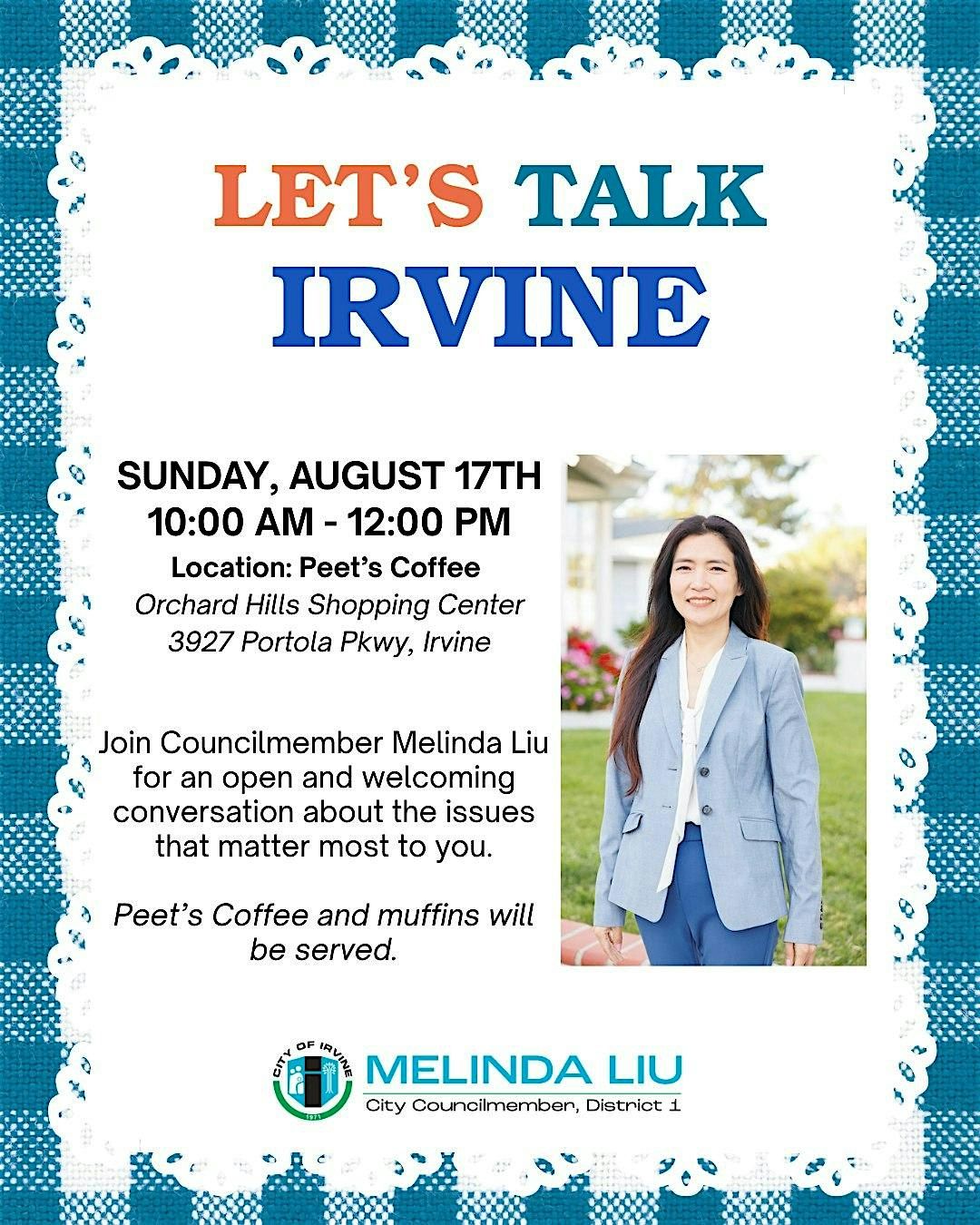 Councilmember Liu Meet & Greet, 17 August | Event in Irvine | AllEvents