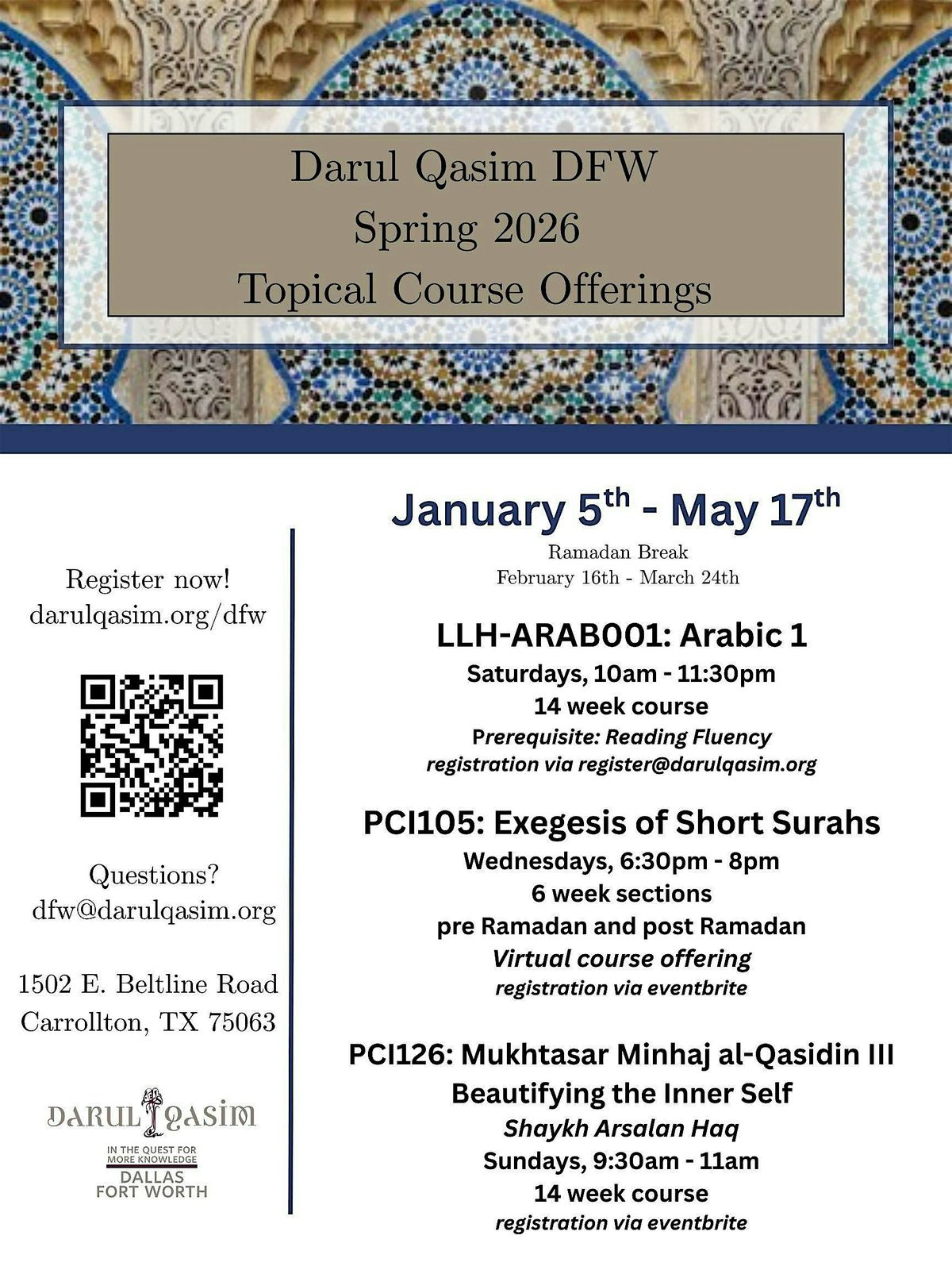 Darul Qasim DFW Spring 2026 Topical Course Offerings, 17 May | Event in Carrollton | AllEvents