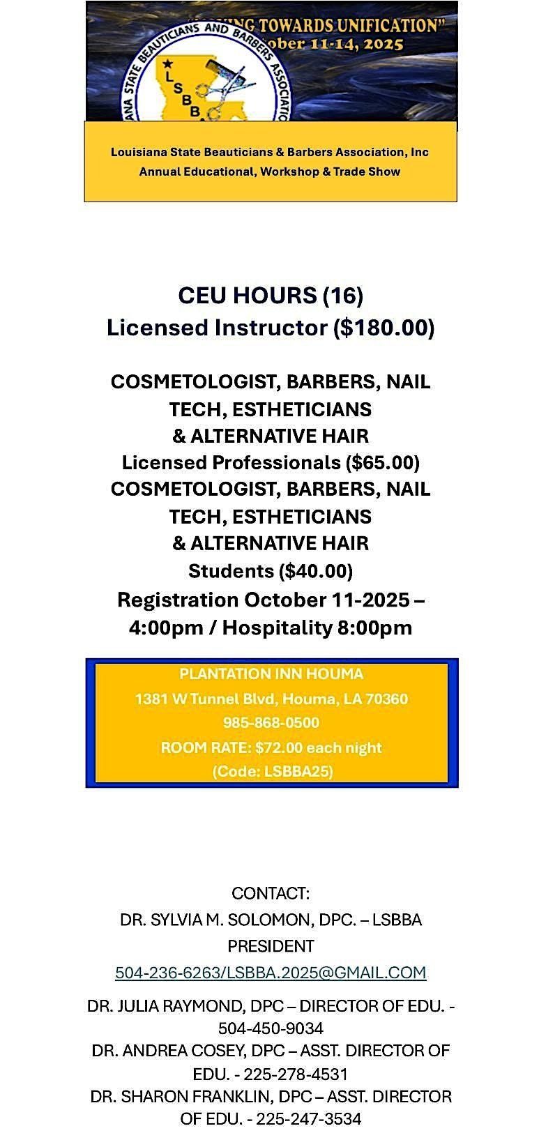 Louisiana State Beauticians & Barbers Assoc. Inc. 78th Edu  & Workshop, 11 October | Event in Houma