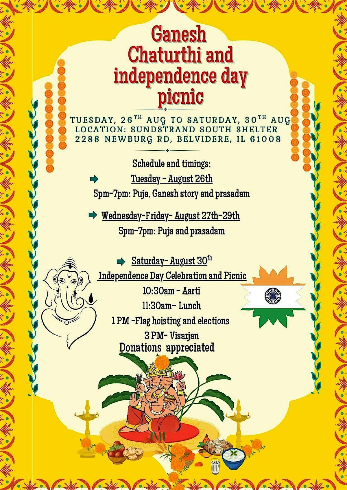 Ganesh Chaturthi and Independence Day Picnic, 30 August | Event in Belvidere | AllEvents