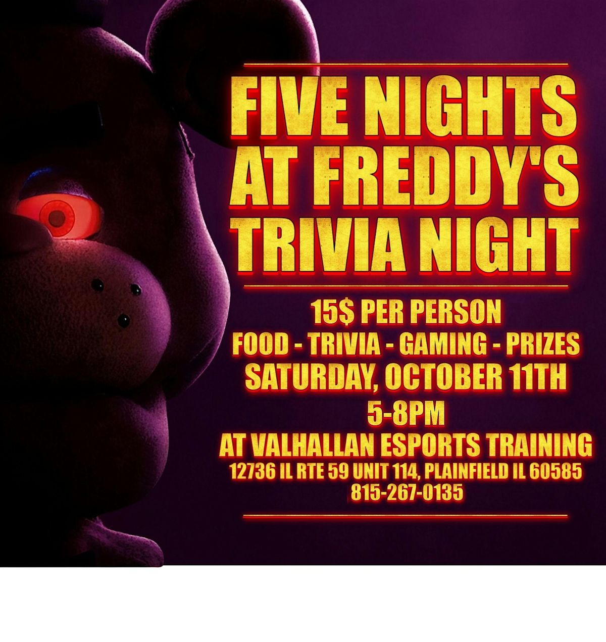 Five Night's at Freddy's Trivia Night Hosted by Valhallan Esports Training, 11 October | Event in Plainfield