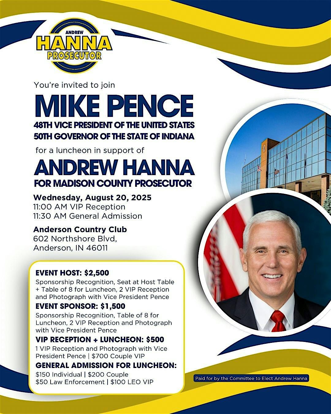 Vice President Mike Pence Luncheon for Andrew Hanna for Prosecutor, 20 August | Event in Anderson | AllEvents