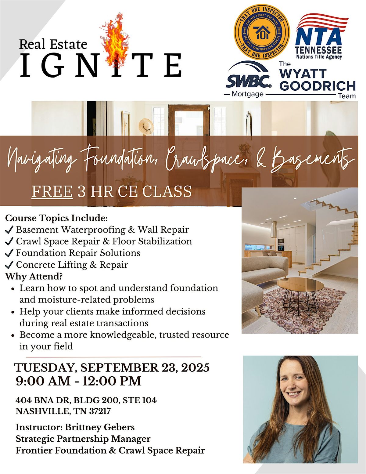 FREE 3-HR CE CLASS FOR REALTORS: Navigating Foundation, Crawlspace, & Basem, 23 September | Event in Nashville