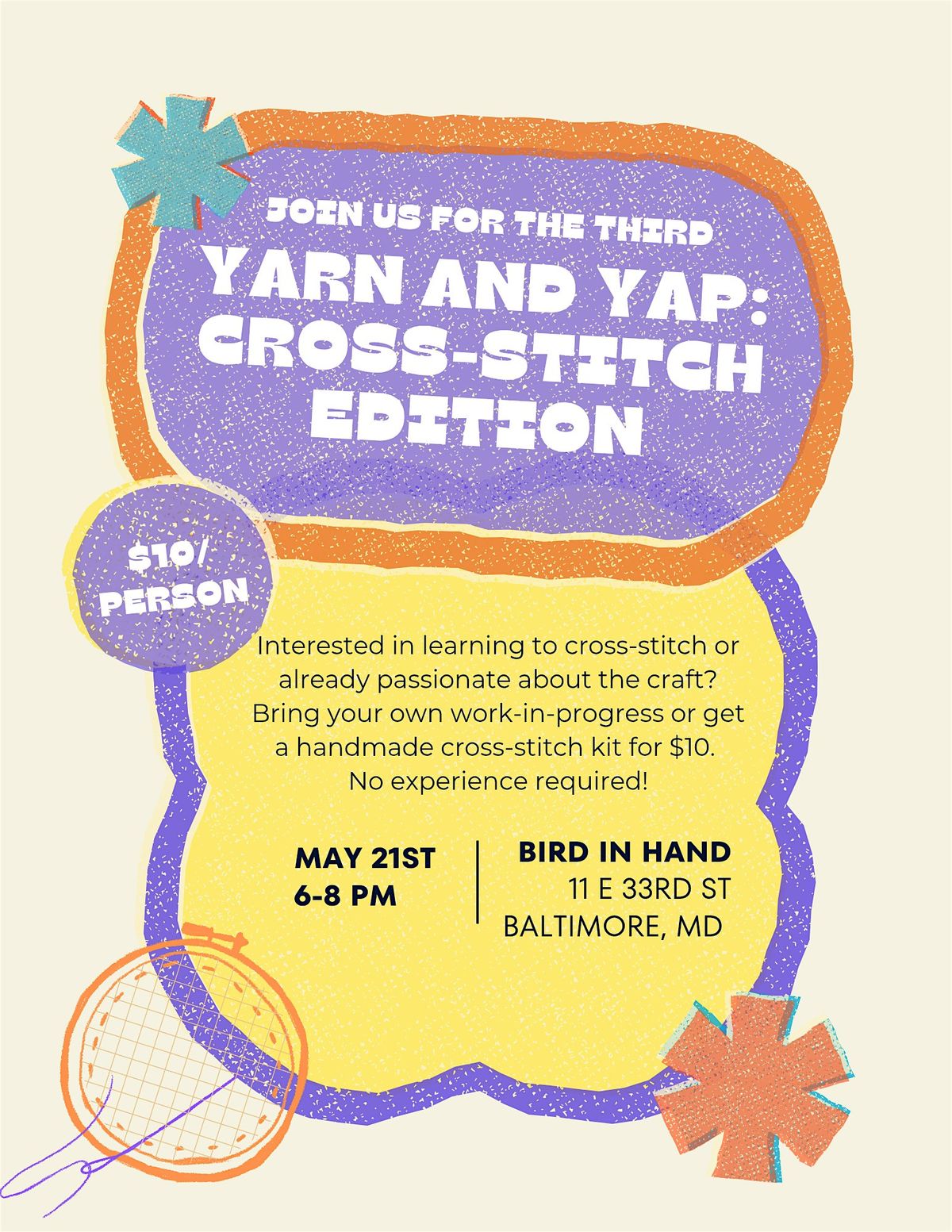 Yarn and Yap at Bird in Hand: Cross-Stitch Edition, 21 May | Event in Baltimore | AllEvents