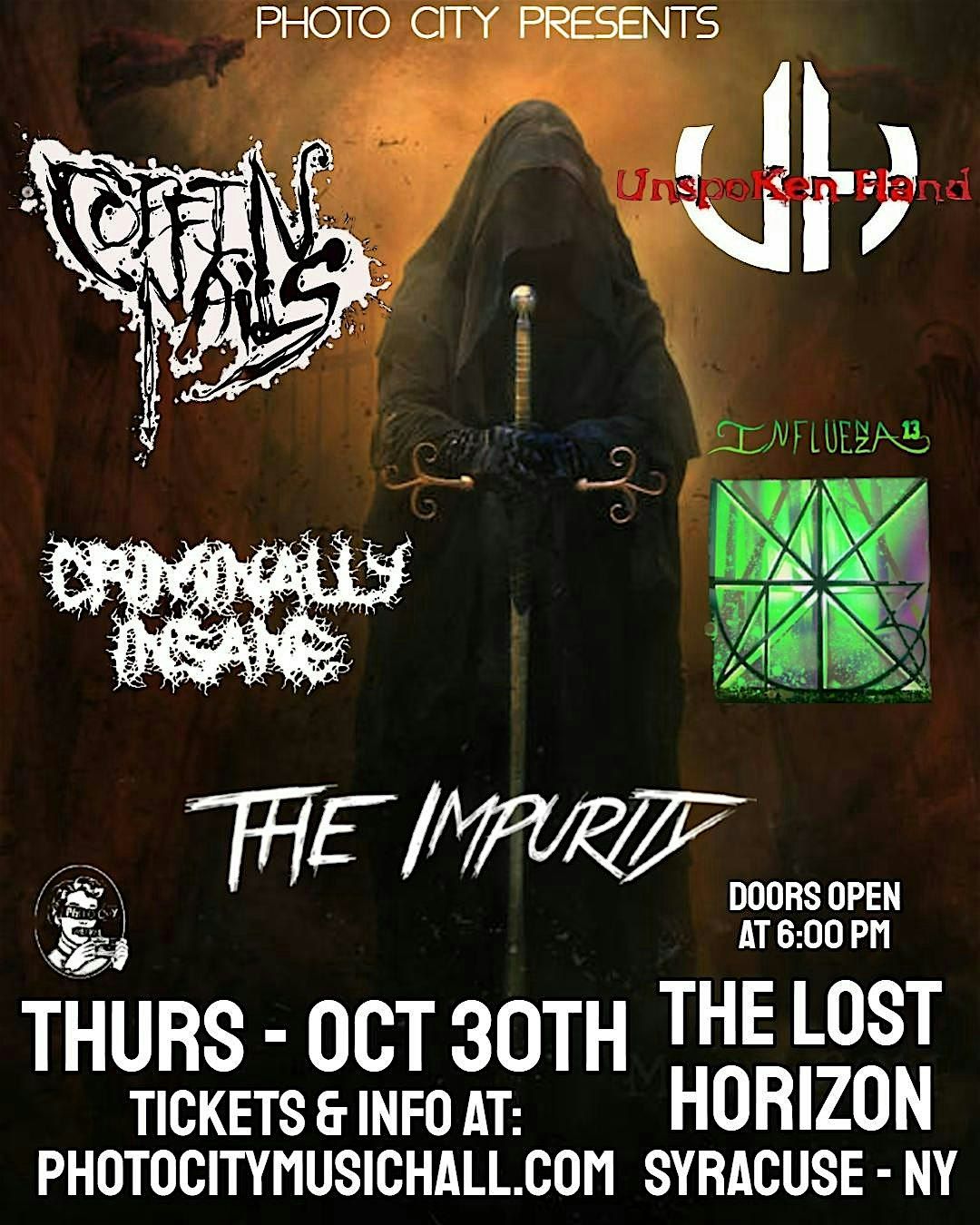 Coffin Nails, The Impurity, Unspoken Hand, Criminally Insane, & Influenza13, 30 October | Event in Syracuse