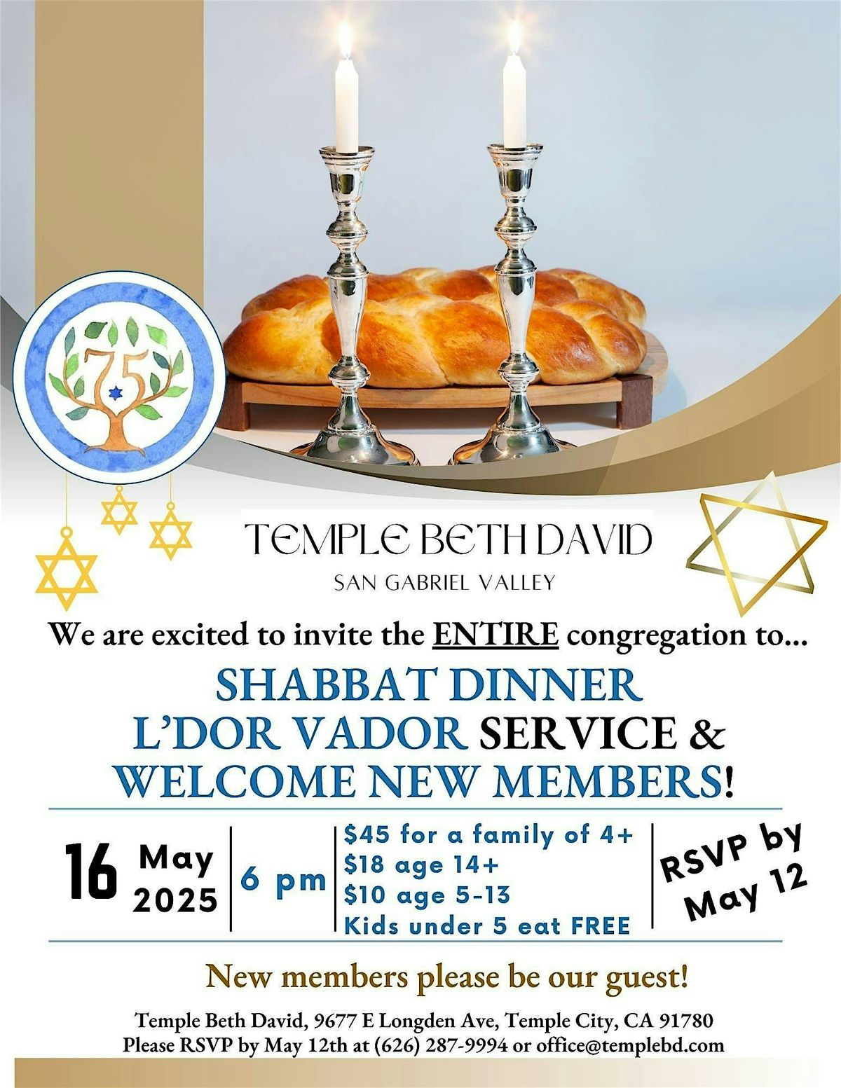 Shabbat Dinner La'Dor Vador Service/Welcome New Members | Event in Temple City | AllEvents
