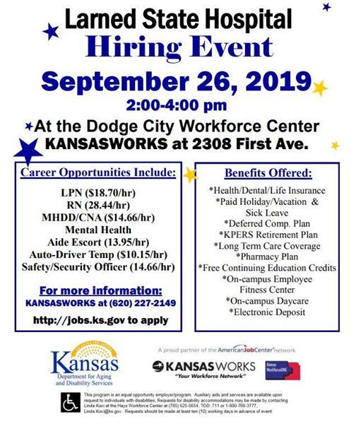Larned State Hospital Hiring Event, KANSASWORKS Dodge City, September