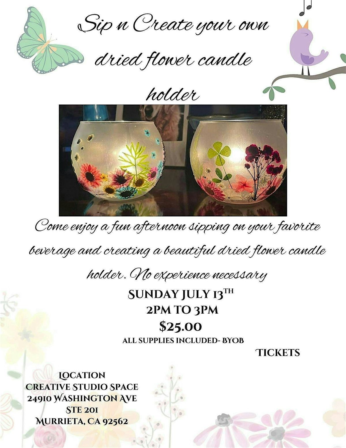 Sip n Create your own dried flower candle holder, 13 July | Event in Murrieta | AllEvents
