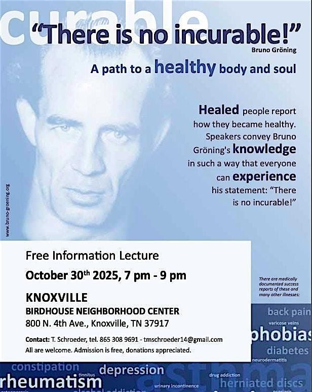 Bruno Groening Circle of Friends - Free Information Lecture, 30 October | Event in Knoxville | AllEvents