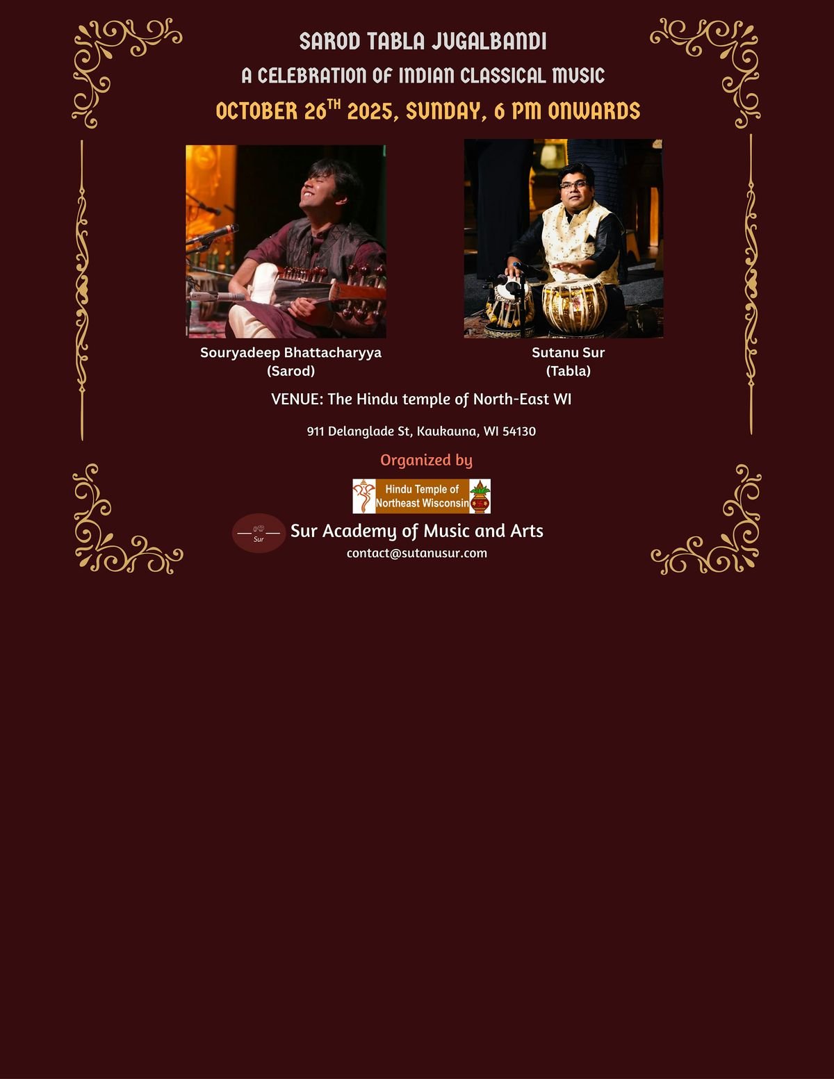 Sarod and Tabla Jugalbandi, 26 October | Event in Kaukauna | AllEvents