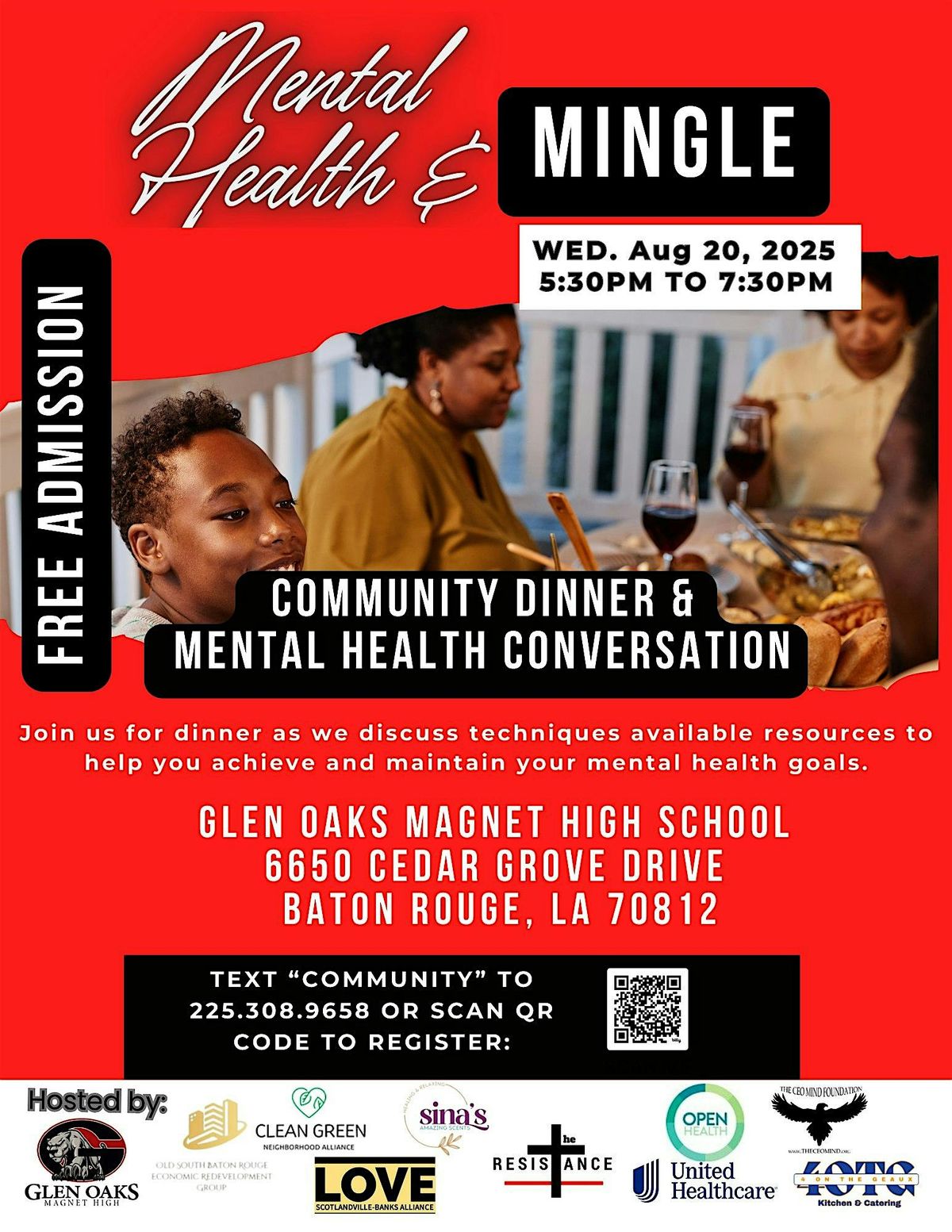 Mental Health & Mingle: Community Dinner and Mental Health Conversation, 20 August | Event in Baton Rouge