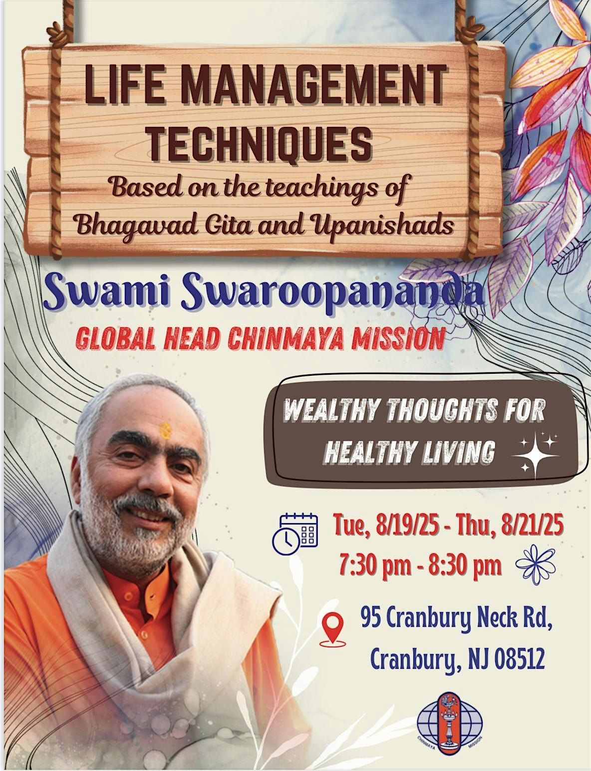 Satsang with Swami Swaroopananda - Global Head Chinmaya Mission, 19 August | Event in Cranbury | AllEvents